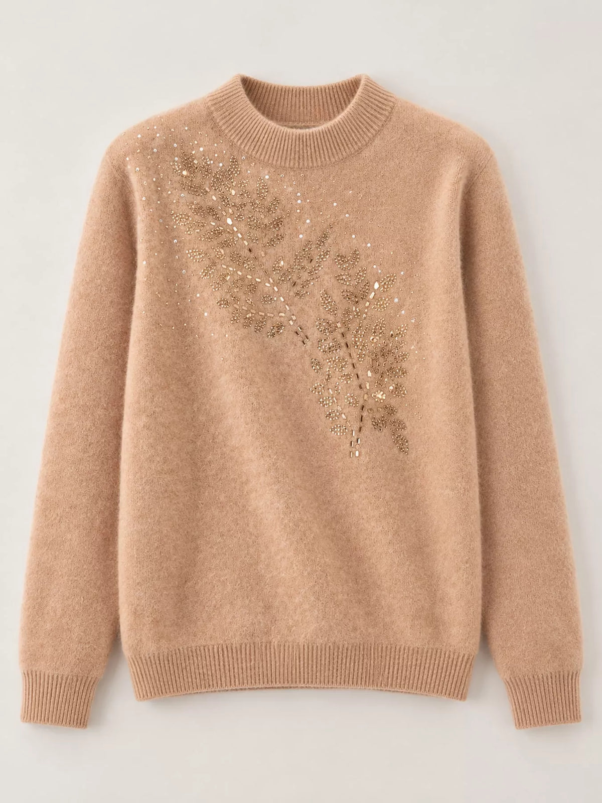 Rhinestone Leaf Mock Neck Sweater — garment front