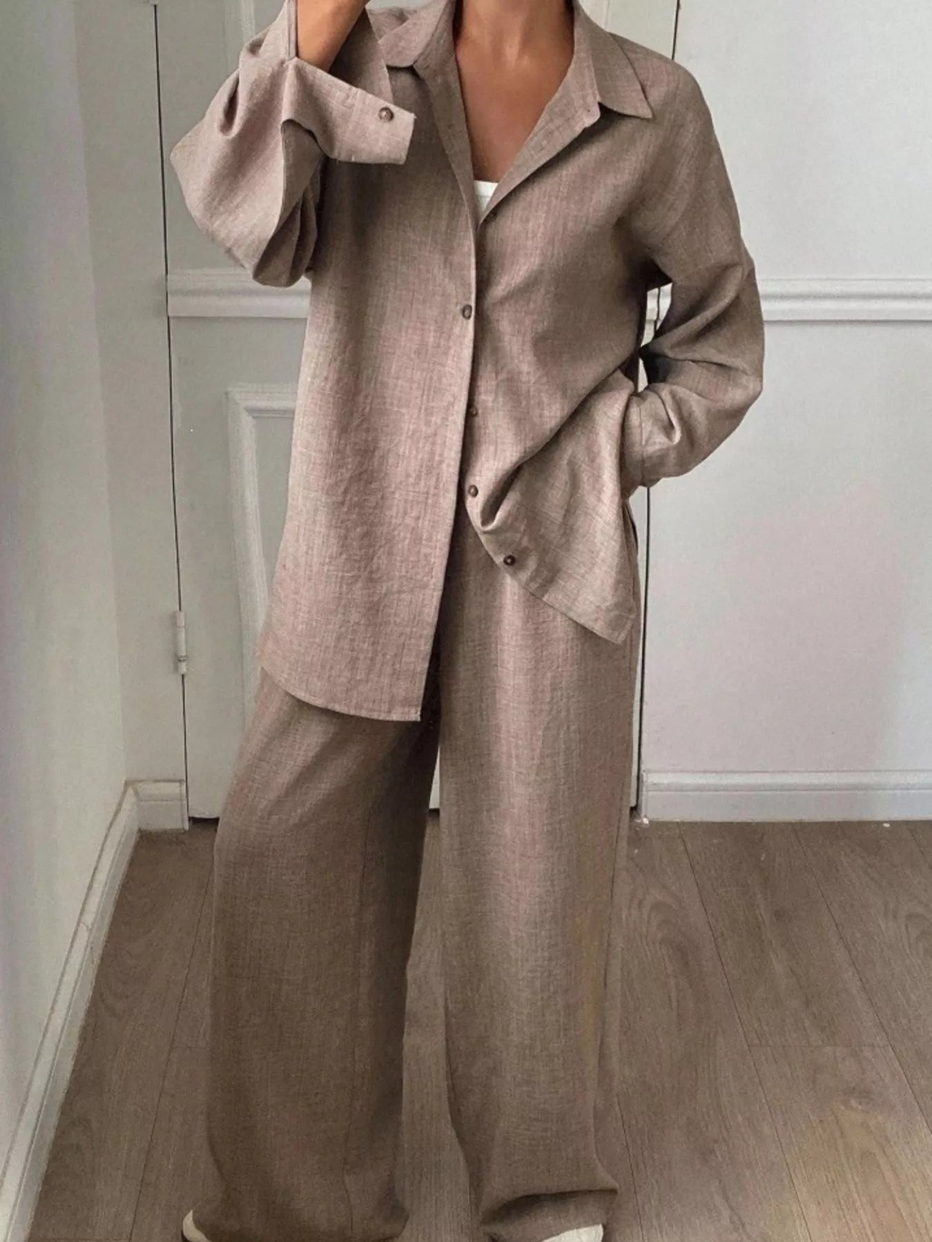 Trendsi Button Up Long Sleeve Shirt and Wide Leg Pants Set -