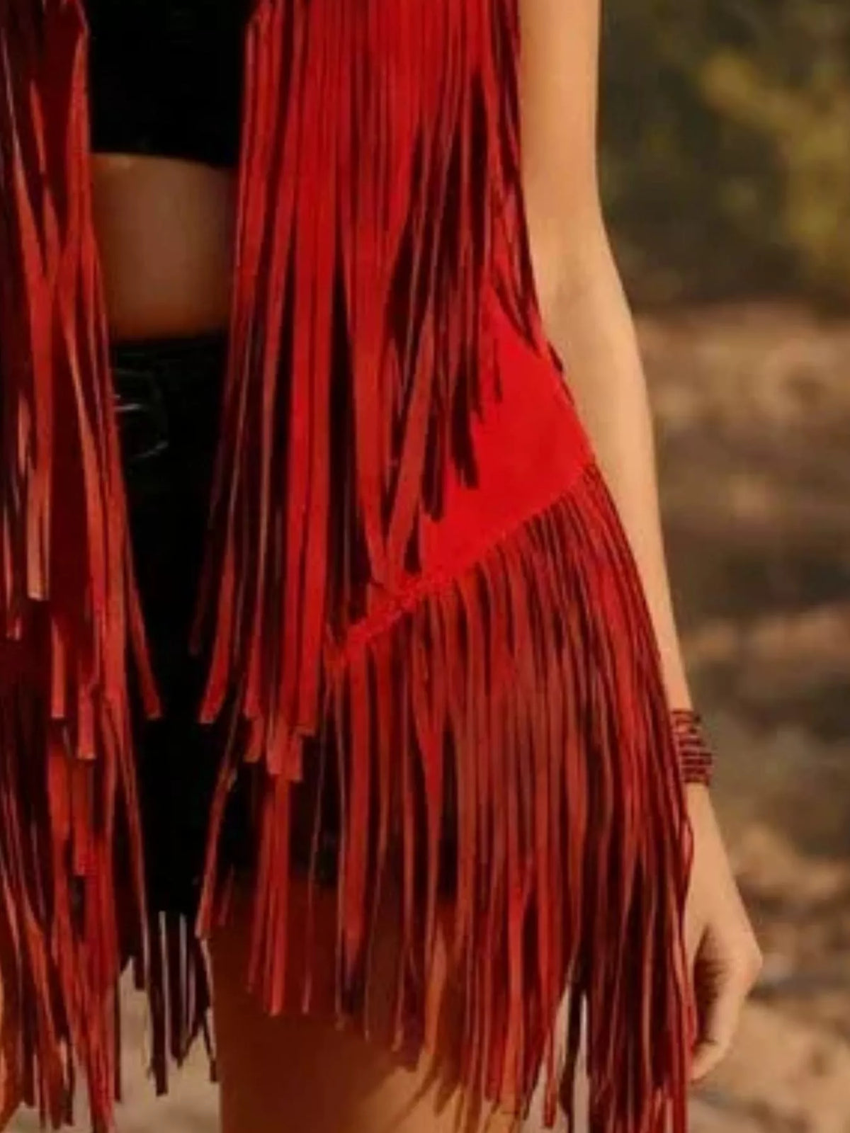 Fringed Hem Vest in red, construction detail