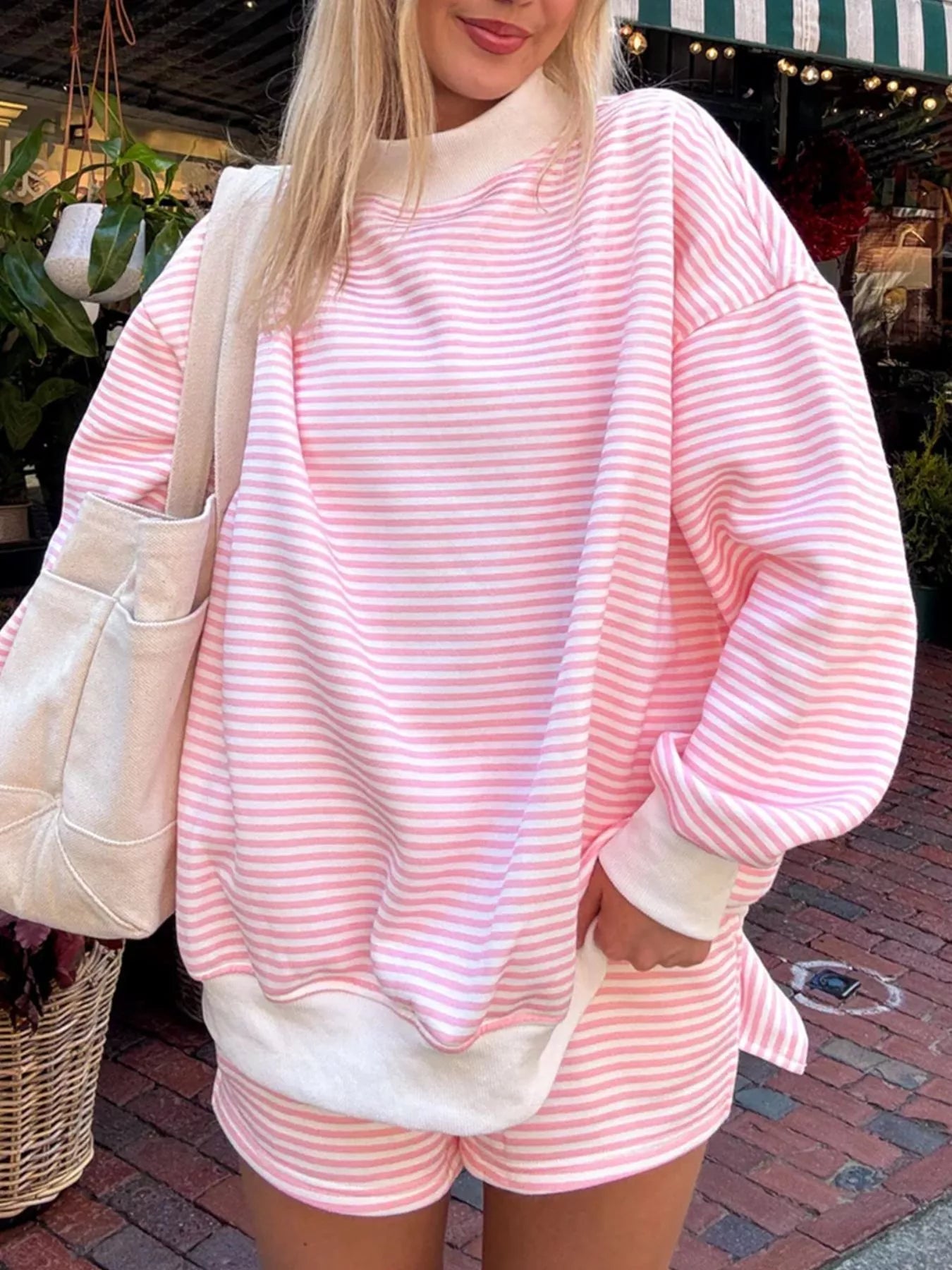 Trendsi Striped Mock Neck Sweatshirt and Shorts Set -