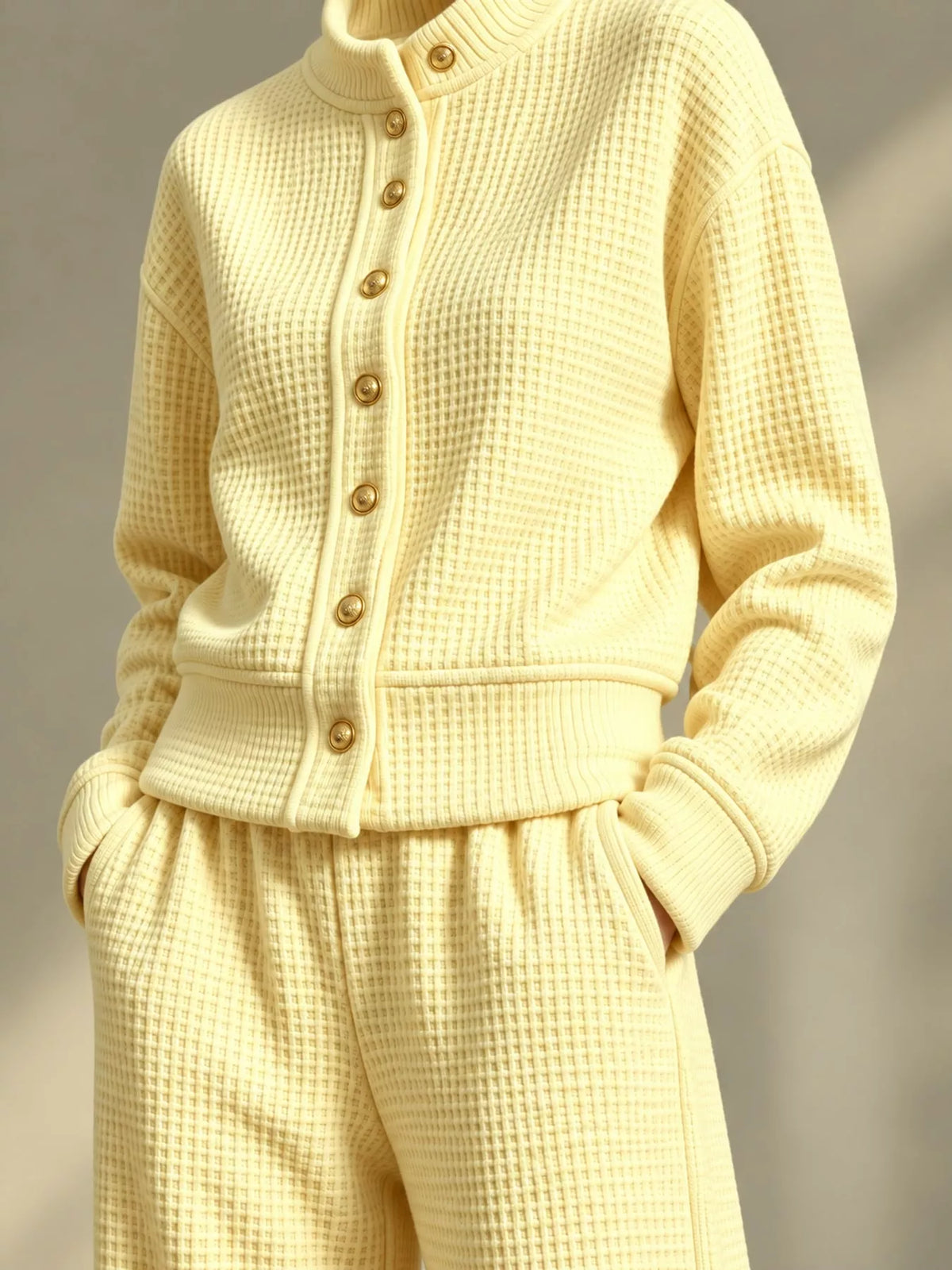 Yellow waffle knit button-up outerwear and wide-leg pants set