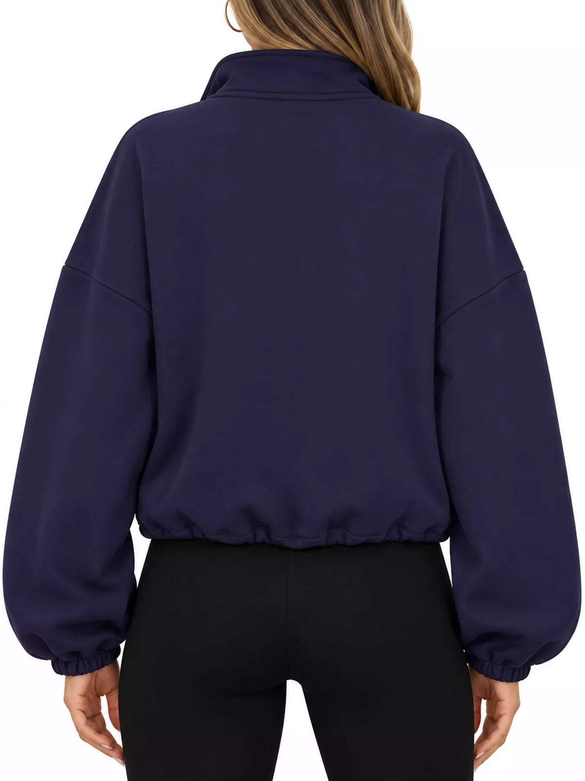 Navy drawstring hem zip-up jacket, back view