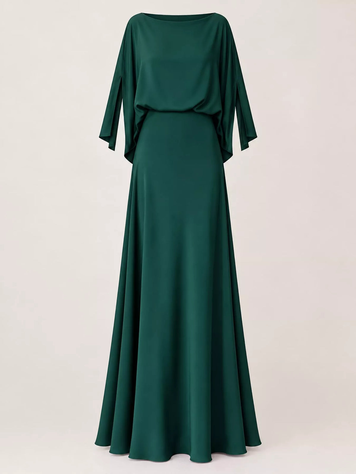 Green satin cape sleeve maxi dress, front view