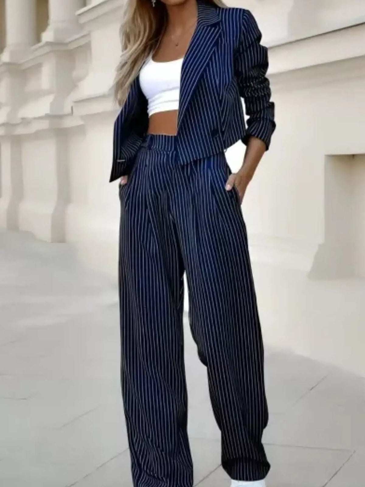 Striped cropped pantsuit, navy striped suit front