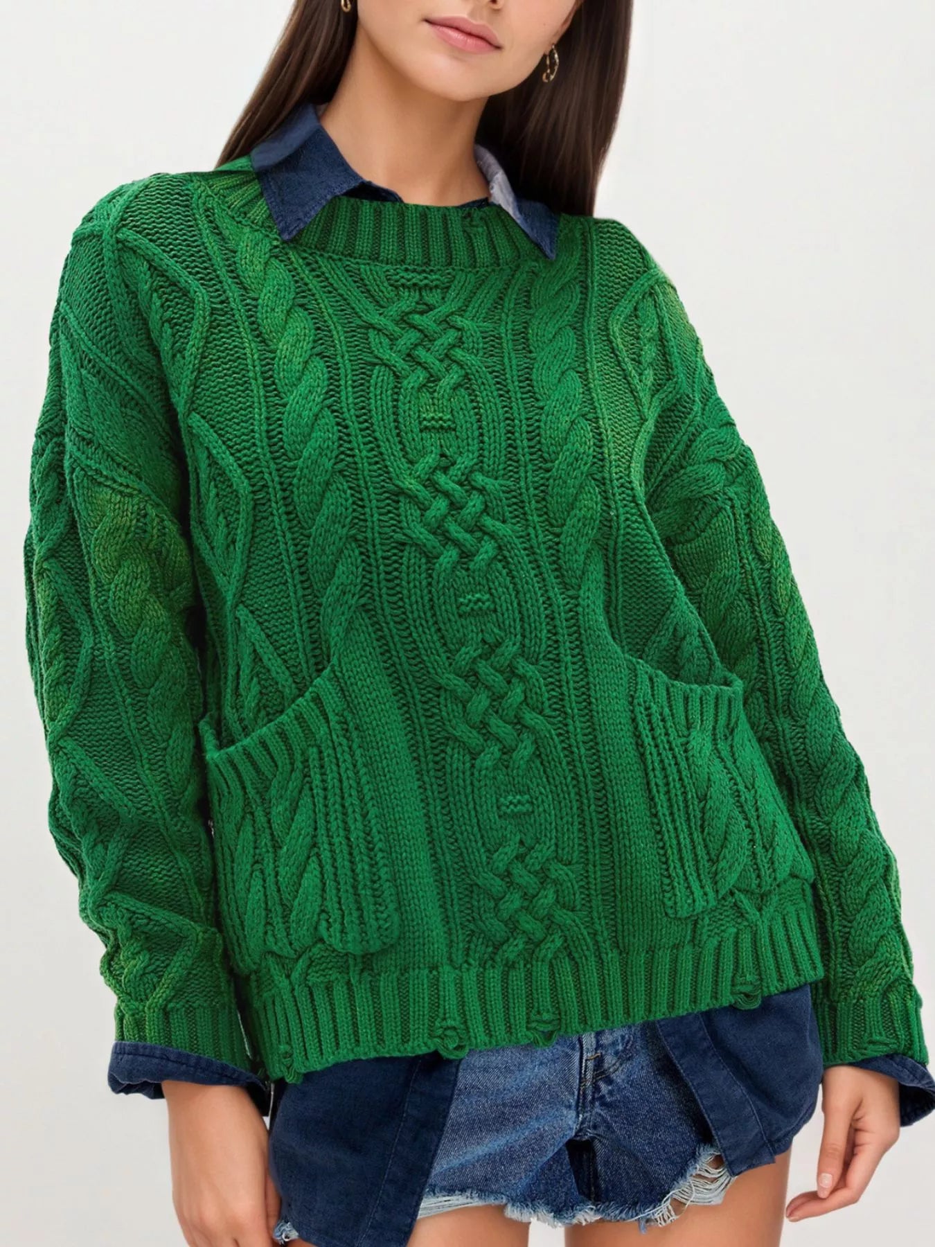 Trendsi Cable-Knit Sweater with Front Pockets -