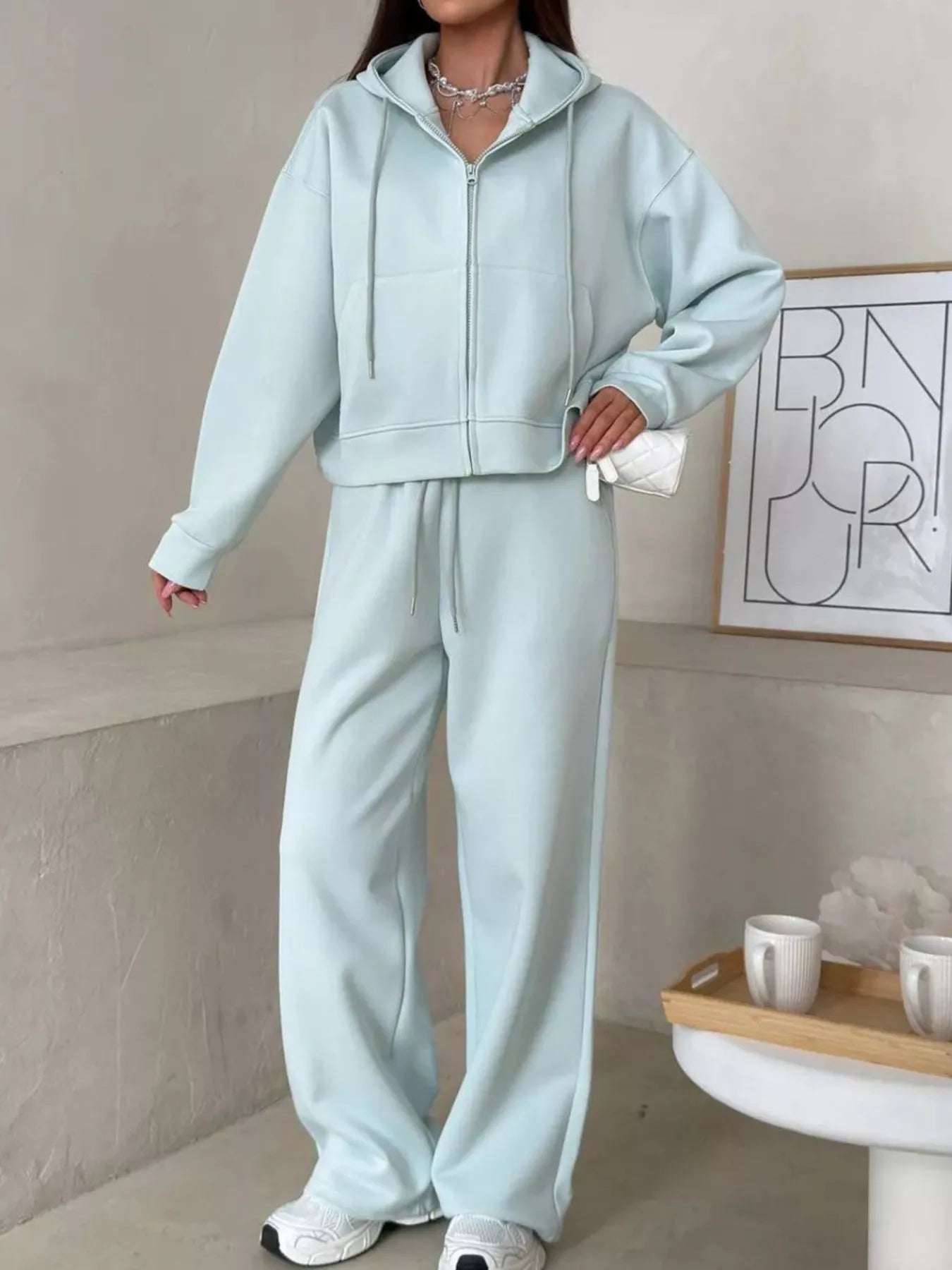 Trendsi Zip-Up Hoodie and Wide-Leg Pants Set -