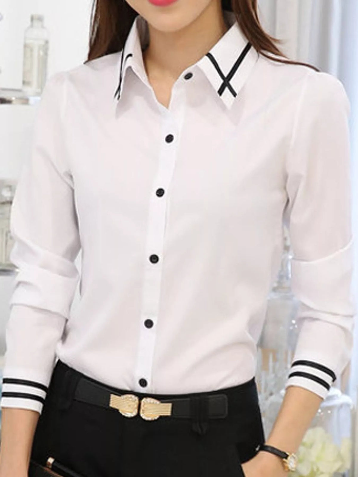 Collared long sleeve shirt, front view on model