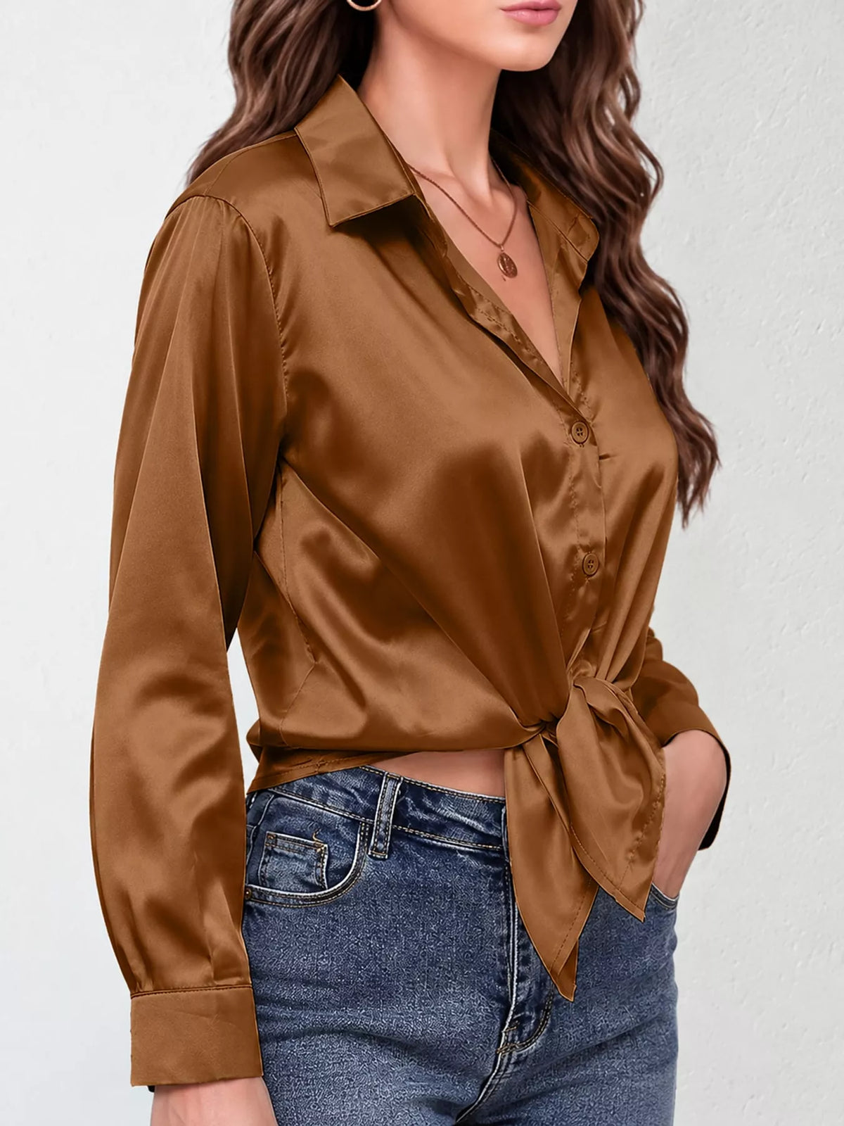 Dark Brown satin button-down long sleeve shirt