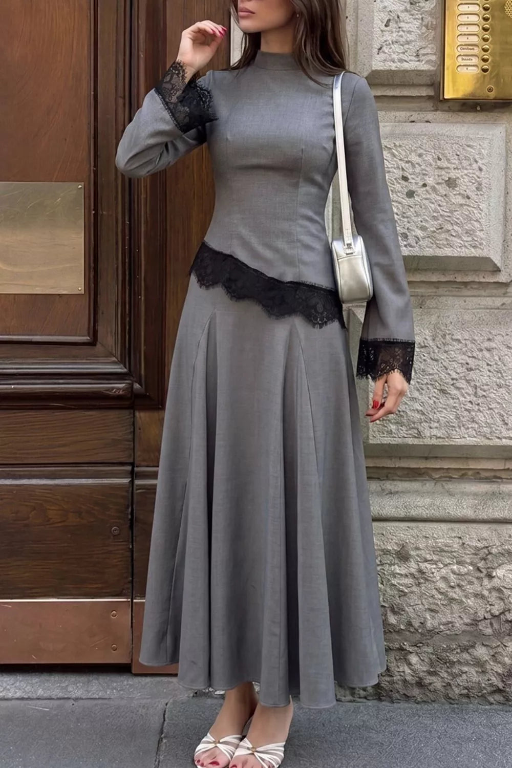 Dark gray lace-trim mock-neck top and skirt set