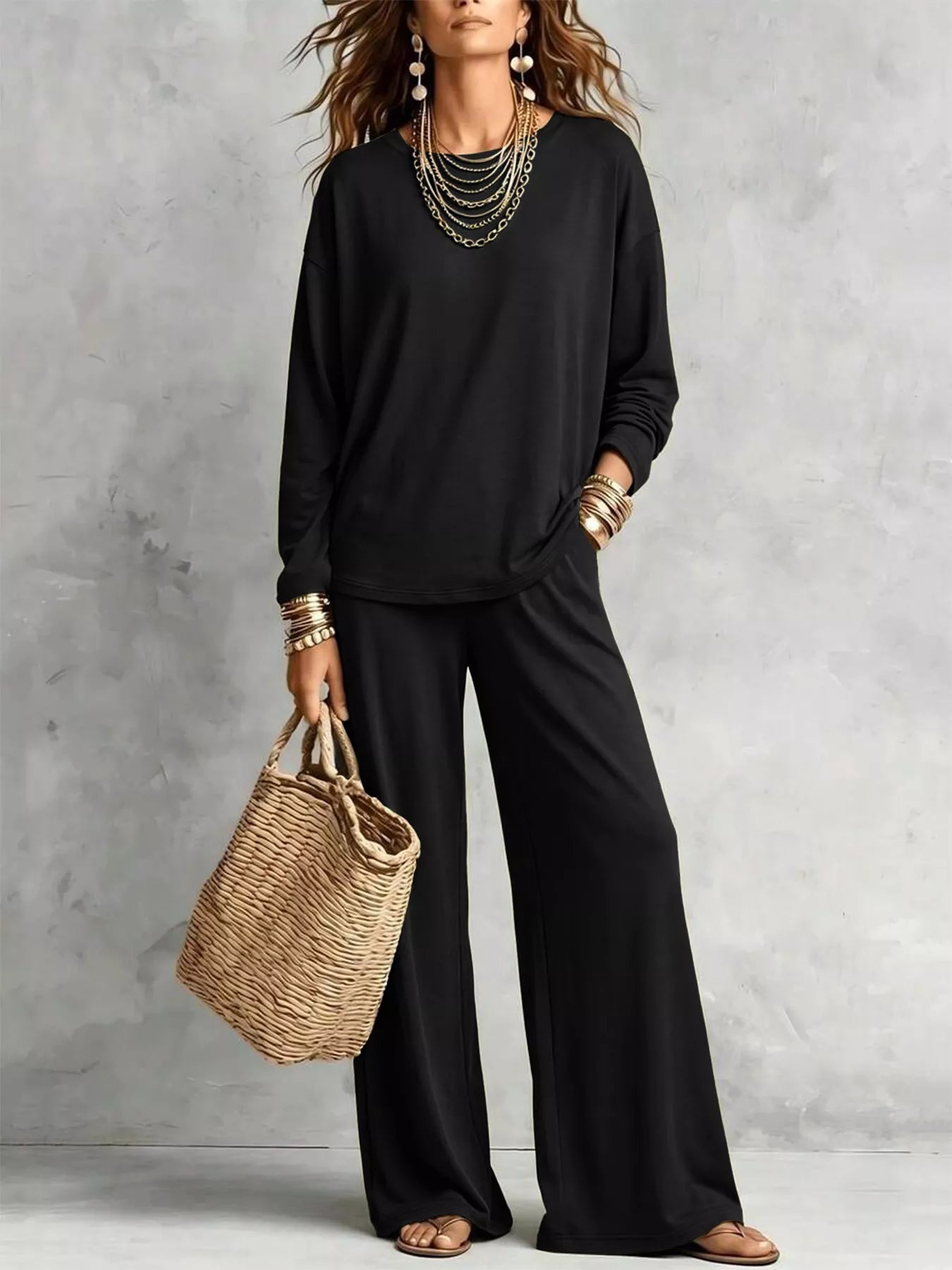 Trendsi Round Neck T-Shirt and Wide-Leg Pants Set -