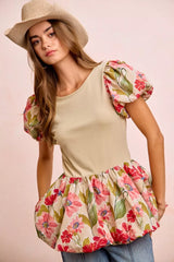 Trendsi BiBi Floral Printed Bubble Sleeves and Hem Peplum Top -