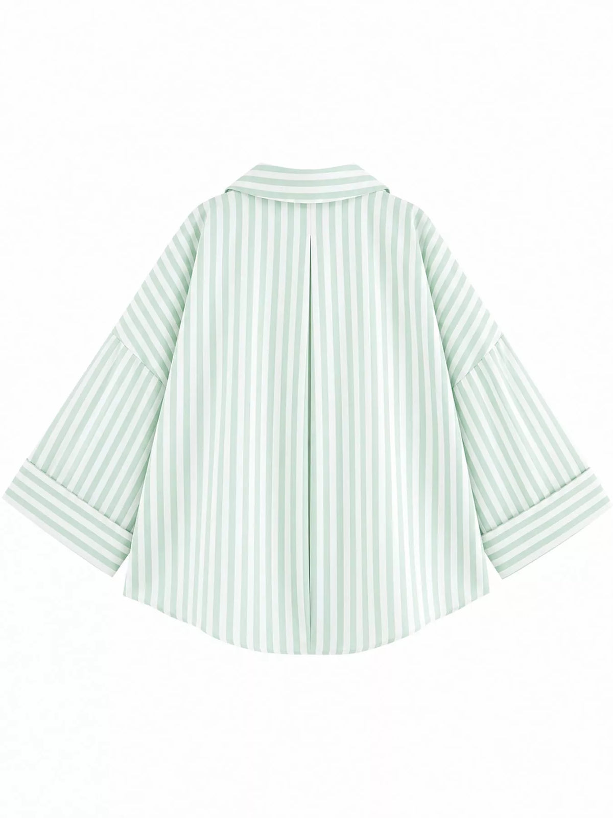 Green And White Stripes button-up three-quarter sleeve shirt