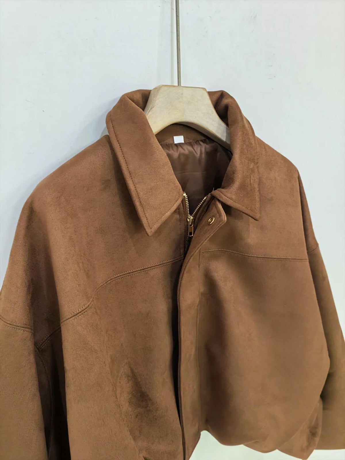 Faux Suede Collared Bomber Jacket — garment construction details