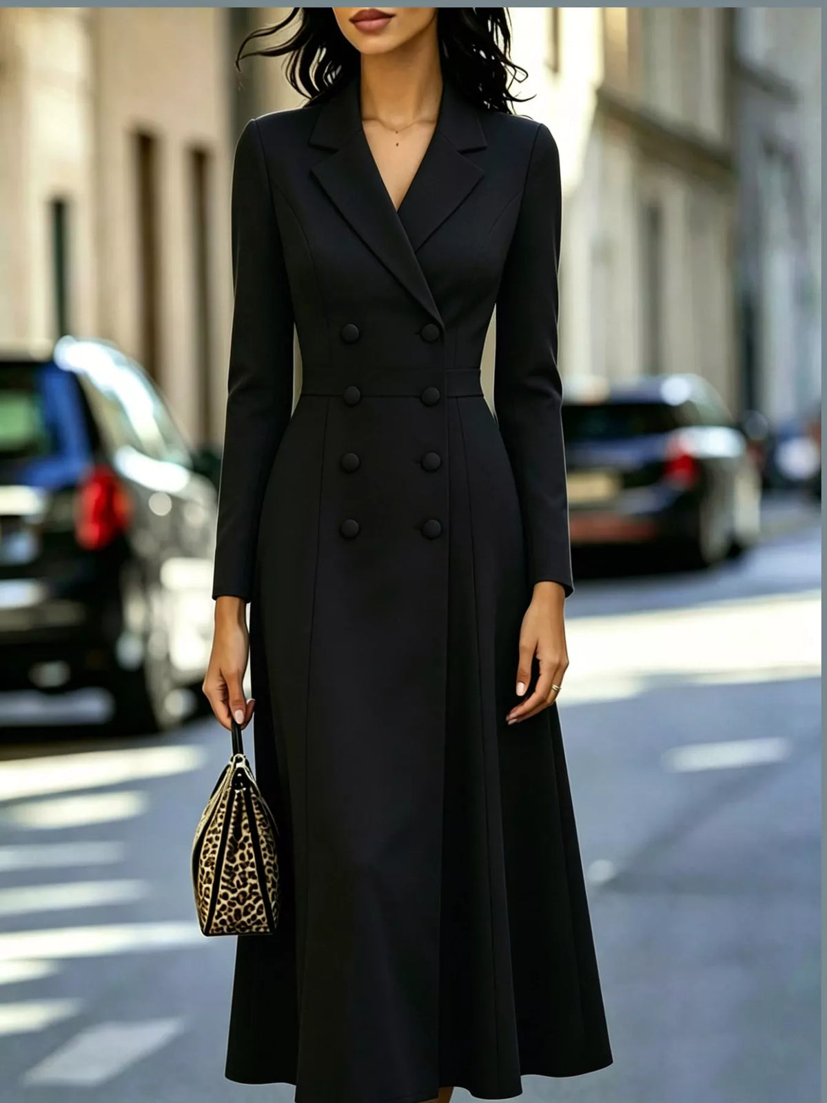 Black double-breasted lapel collar midi dress — front view