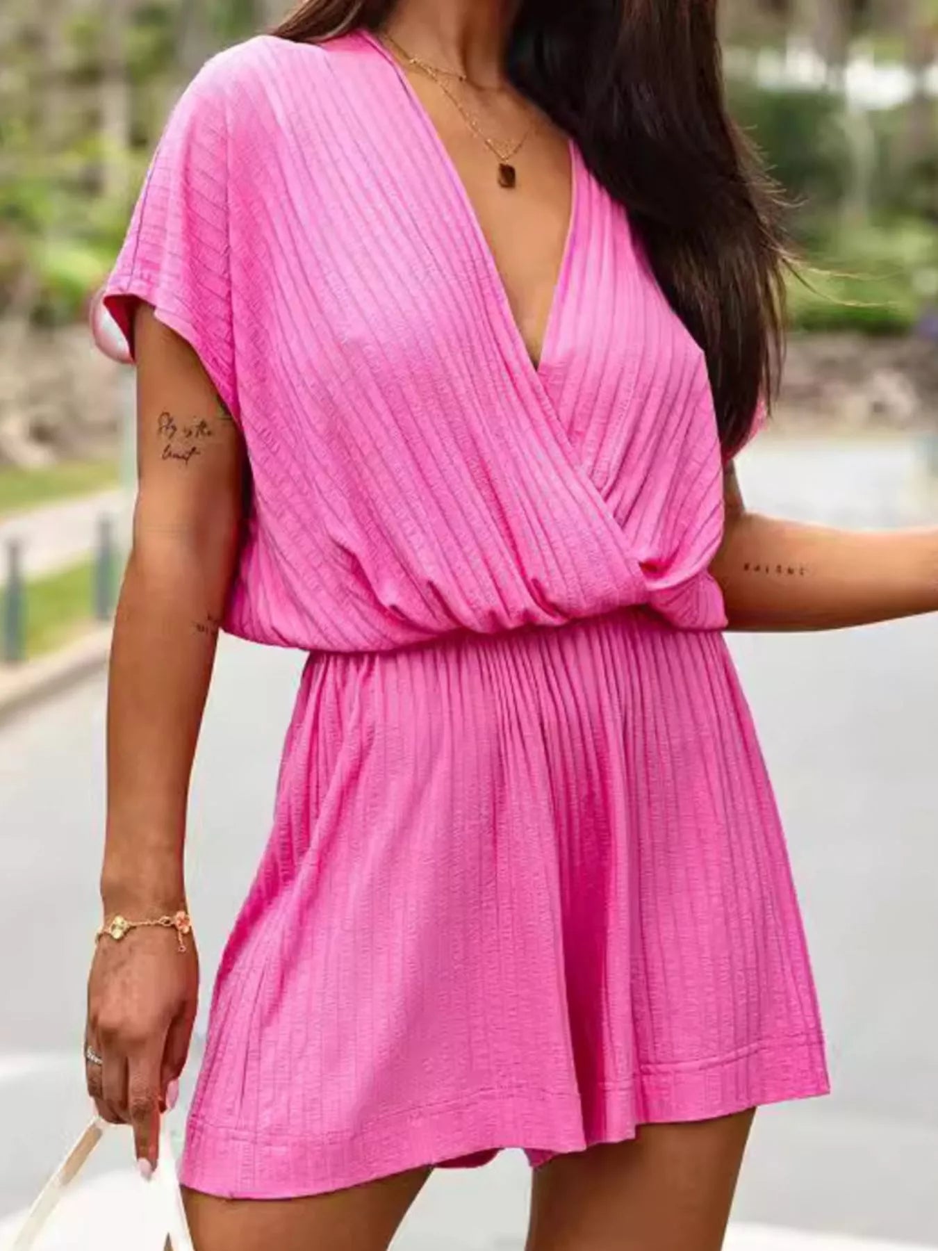 Trendsi Short-Sleeve V-Neck Ribbed Romper -