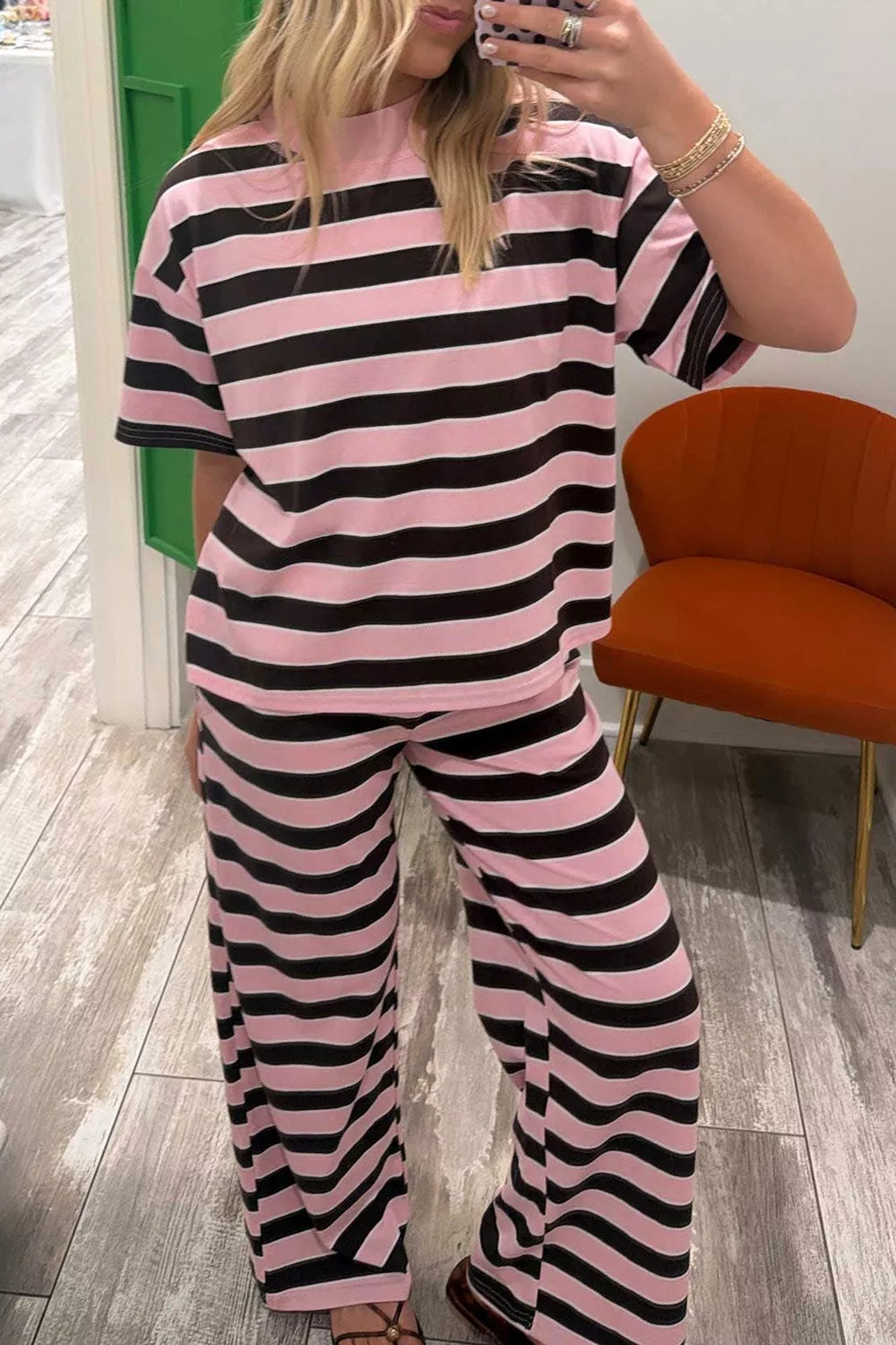 Pink Stripe stripe loose tee and pants two piece set