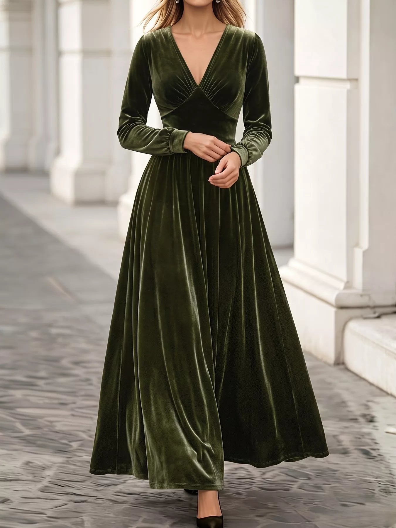 Trendsi Plus Size V-Neck Long Sleeve Velvet Maxi Dress -
