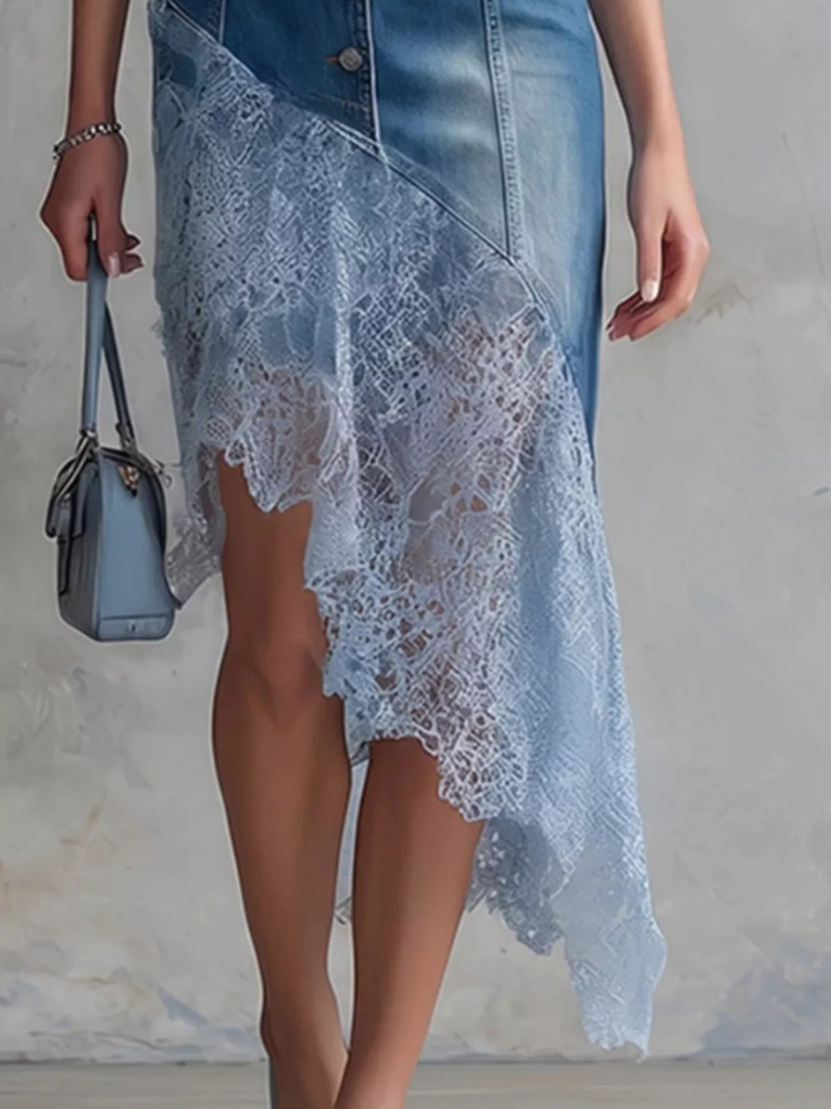 Trendsi Sleeveless Patchwork Denim Dress with Asymmetric Lace Hem -