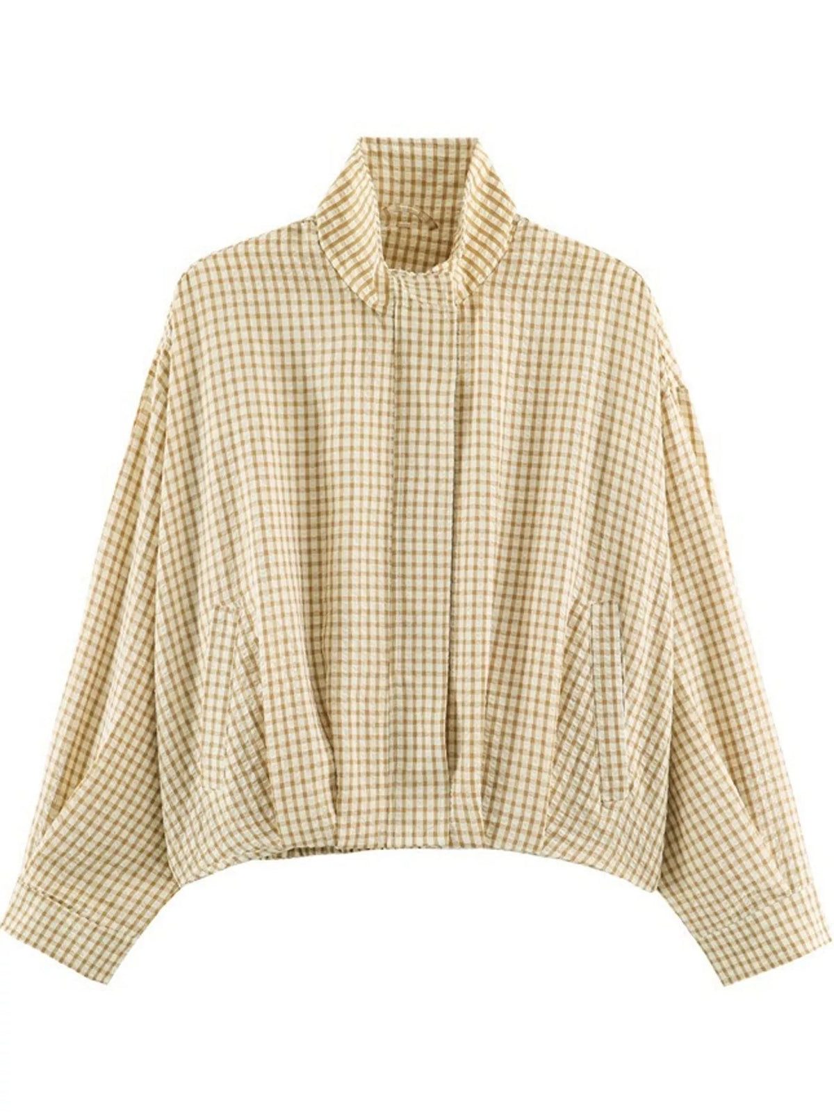 Beige Plaid plaid stand-collar cropped jacket