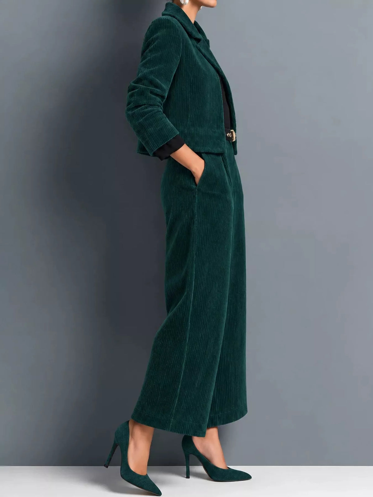 Corduroy Button Up Blazer and Pants Set in dark green