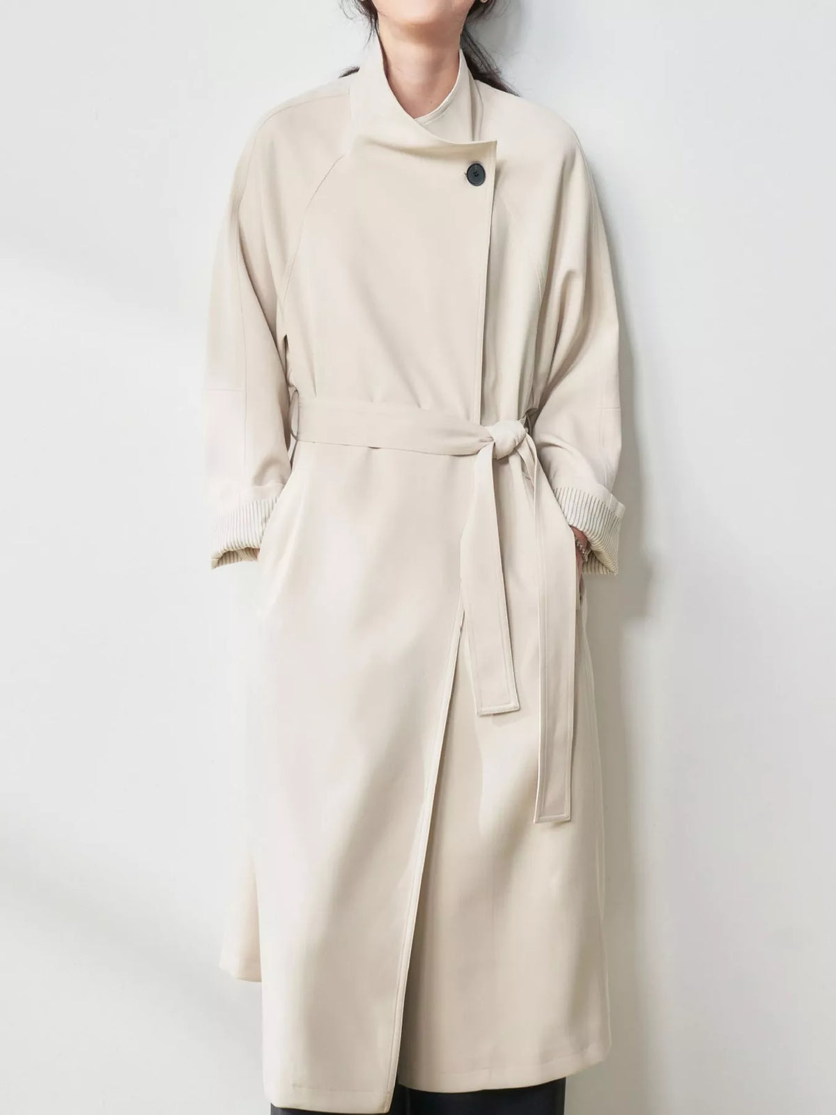 Asymmetric Button Longline Trench Coat in cream