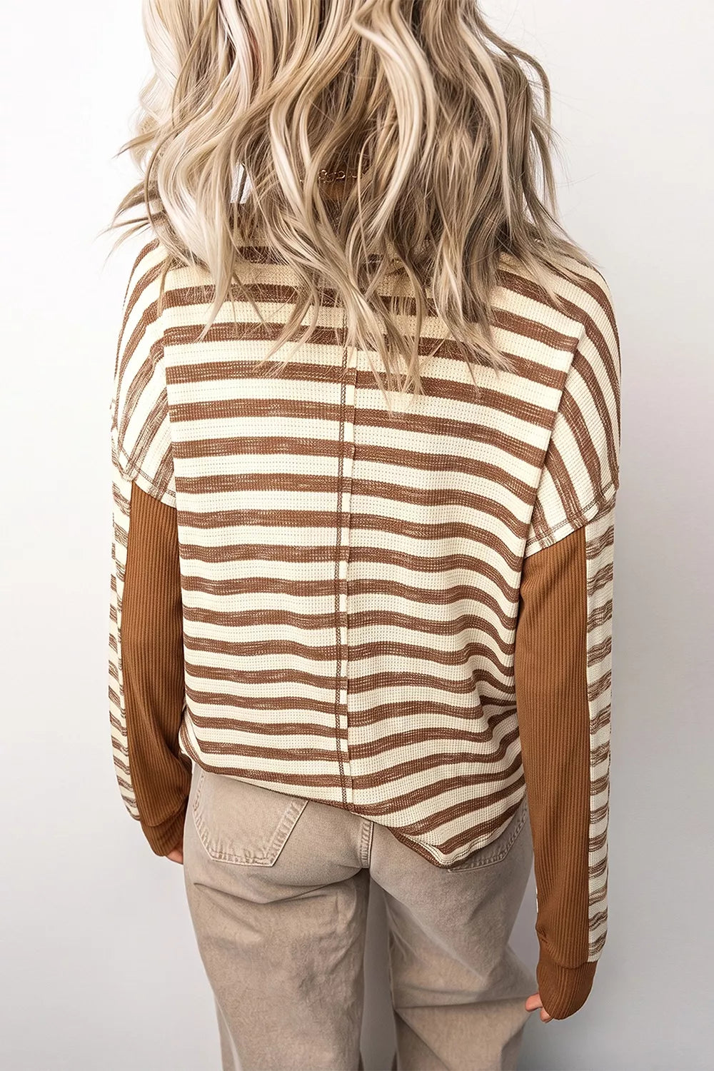 Trendsi Stripe Textured Knit Color Block Trim Long Sleeve Round Neck Top -