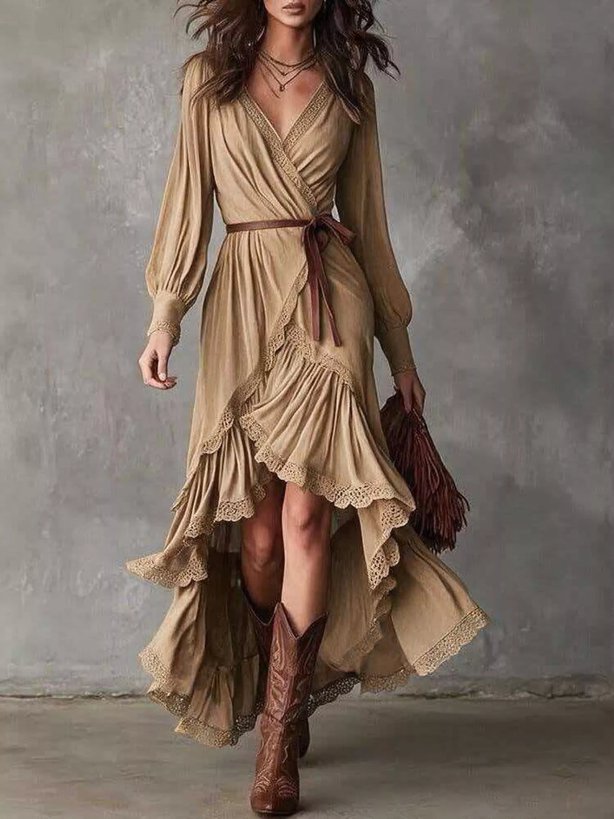 High-Low Hem Surplice Dress in khaki