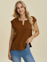 Trendsi Double Take Full Size Notched Cap Sleeve Knit Top -