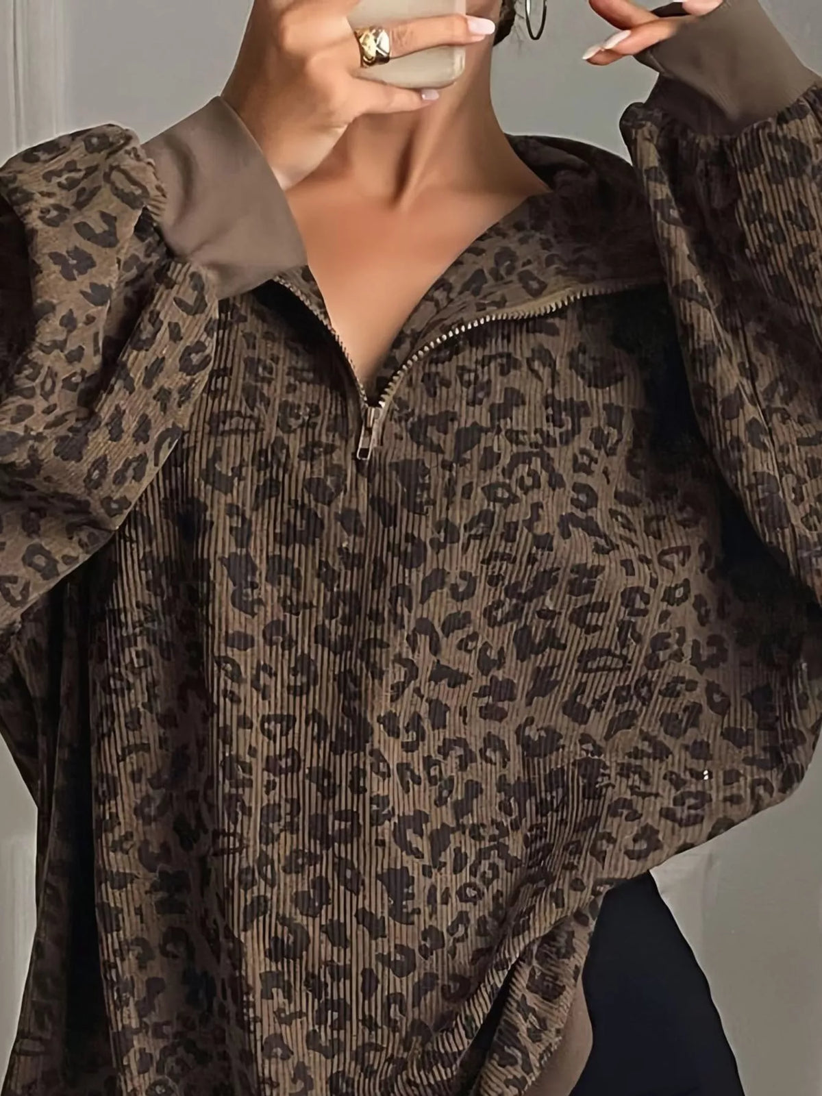 Coffee leopard print quarter-zip sweatshirt
