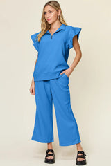 Trendsi Double Take Texture Ruffle Short Sleeve Top and Drawstring Wide Leg Pants Set -