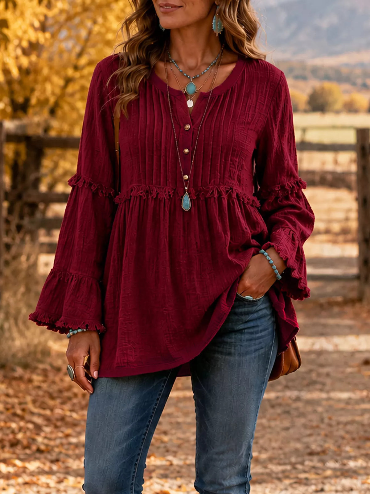 Trendsi Full Size Frill Notched Long Sleeve Blouse Plus Size -