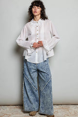 Trendsi POL Woven Lace Trim Pintuck Button-Down Shirt -