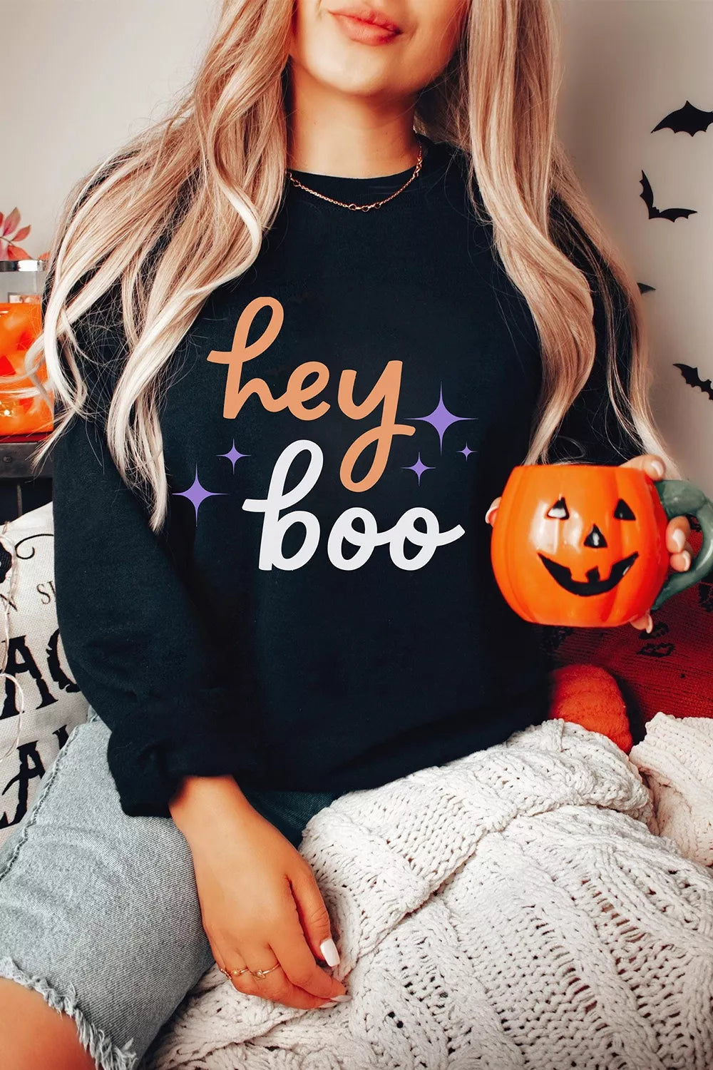 Hey Boo Halloween Sweatshirt in black, front view