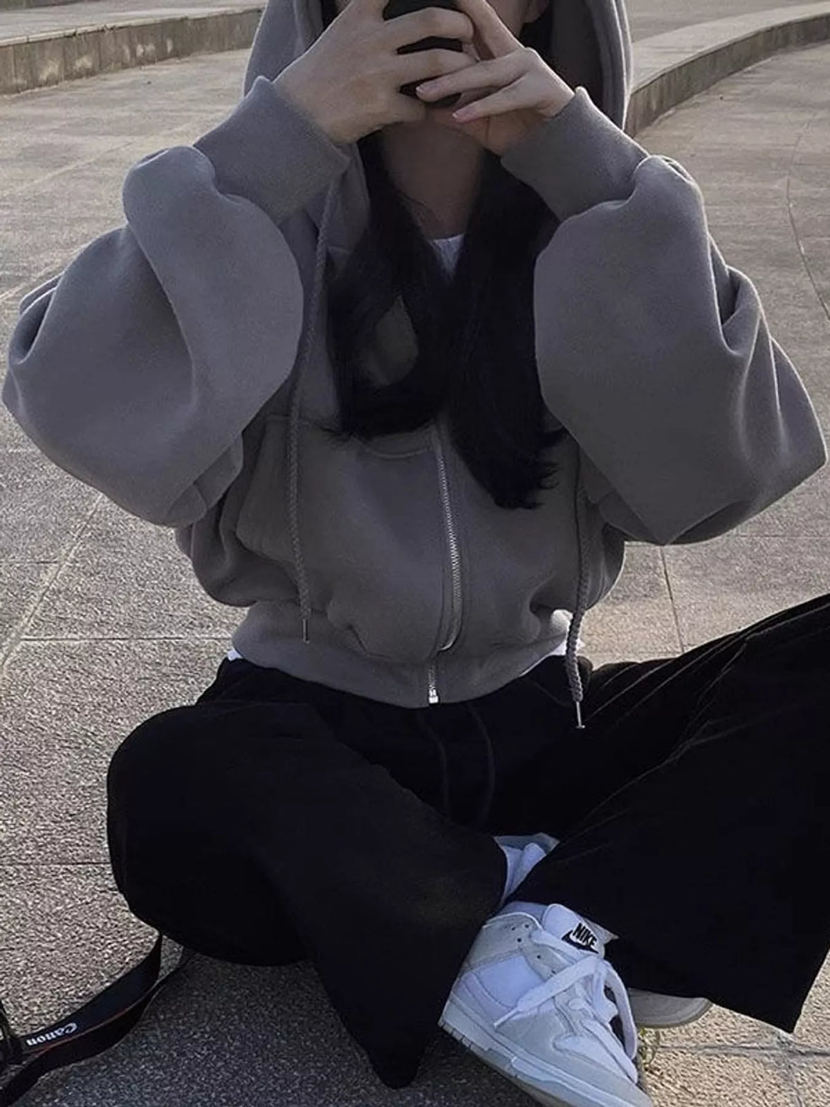 Dark Gray oversized zip-up cropped hoodie