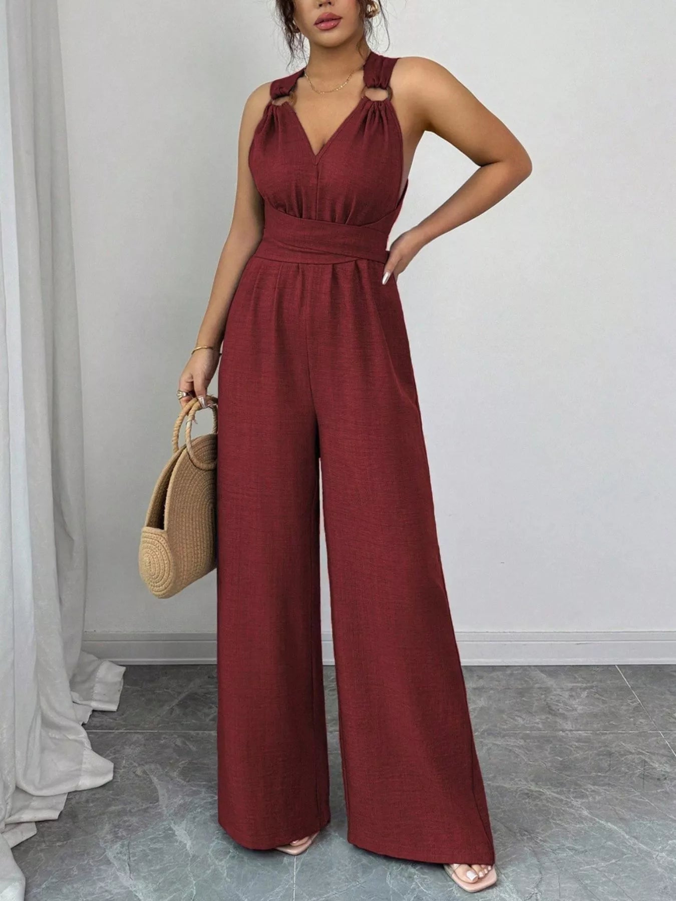 Trendsi Sleeveless V-Neck Wide-Leg Jumpsuit with O-Ring Detail -