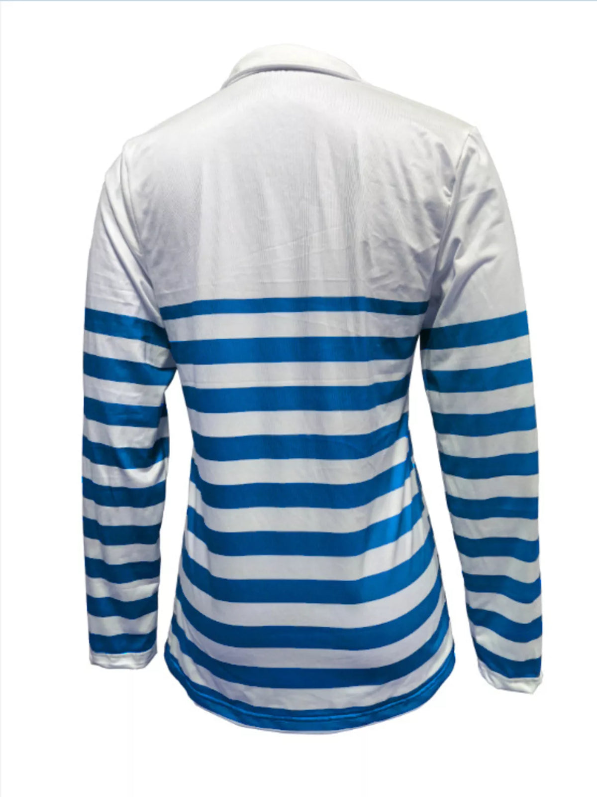 Blue and white quarter-zip striped top, back view