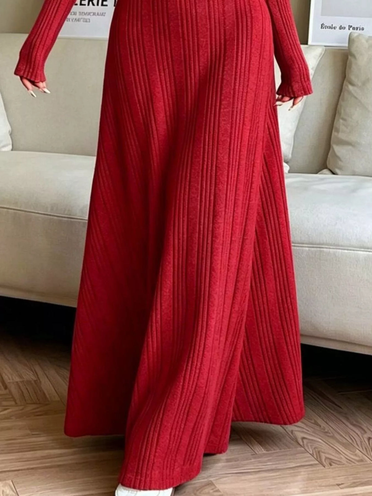 Red ribbed long-sleeve dress, skirt detail