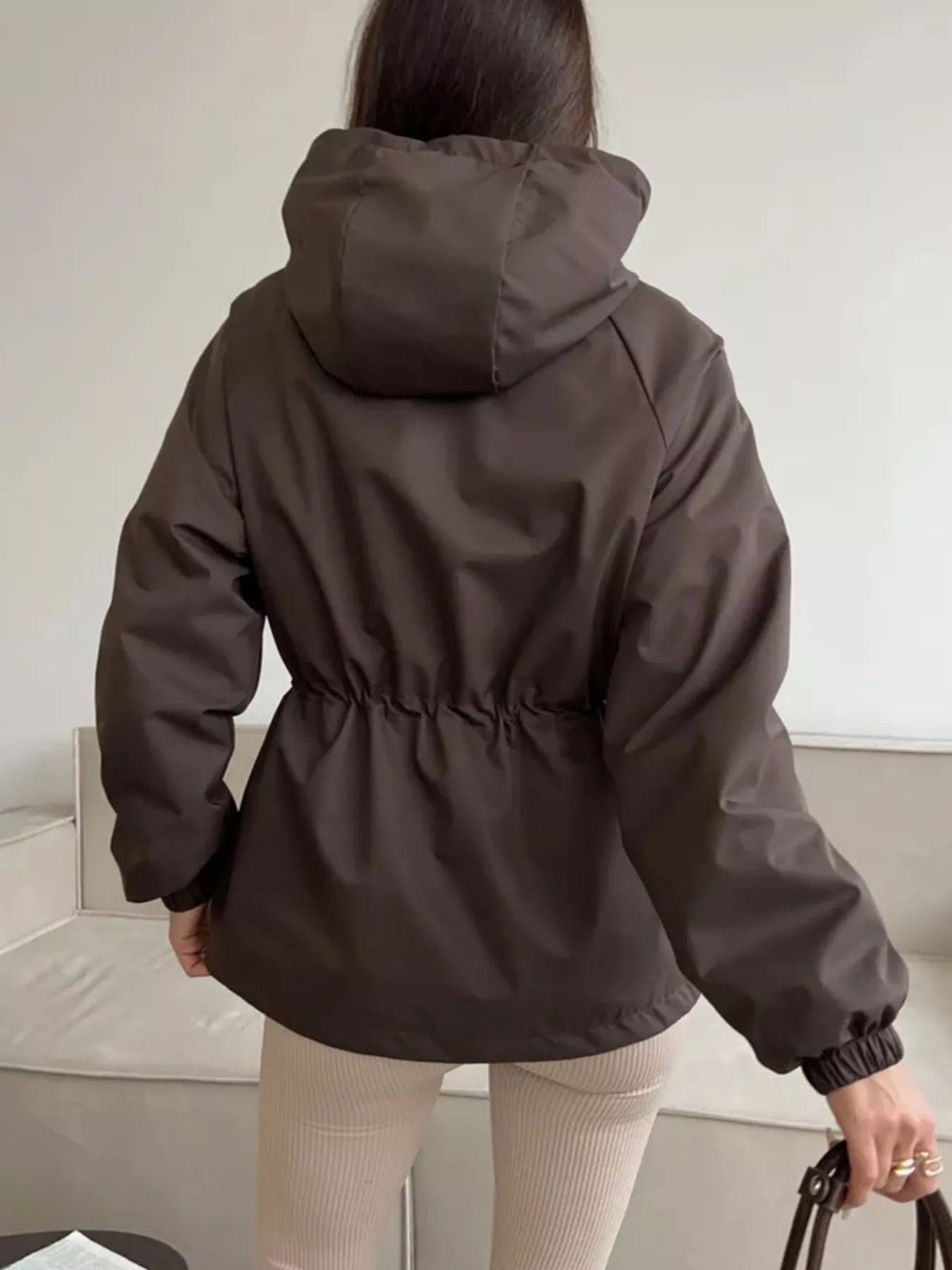 Trendsi Drawstring Waist Hooded Windbreaker Outerwear -