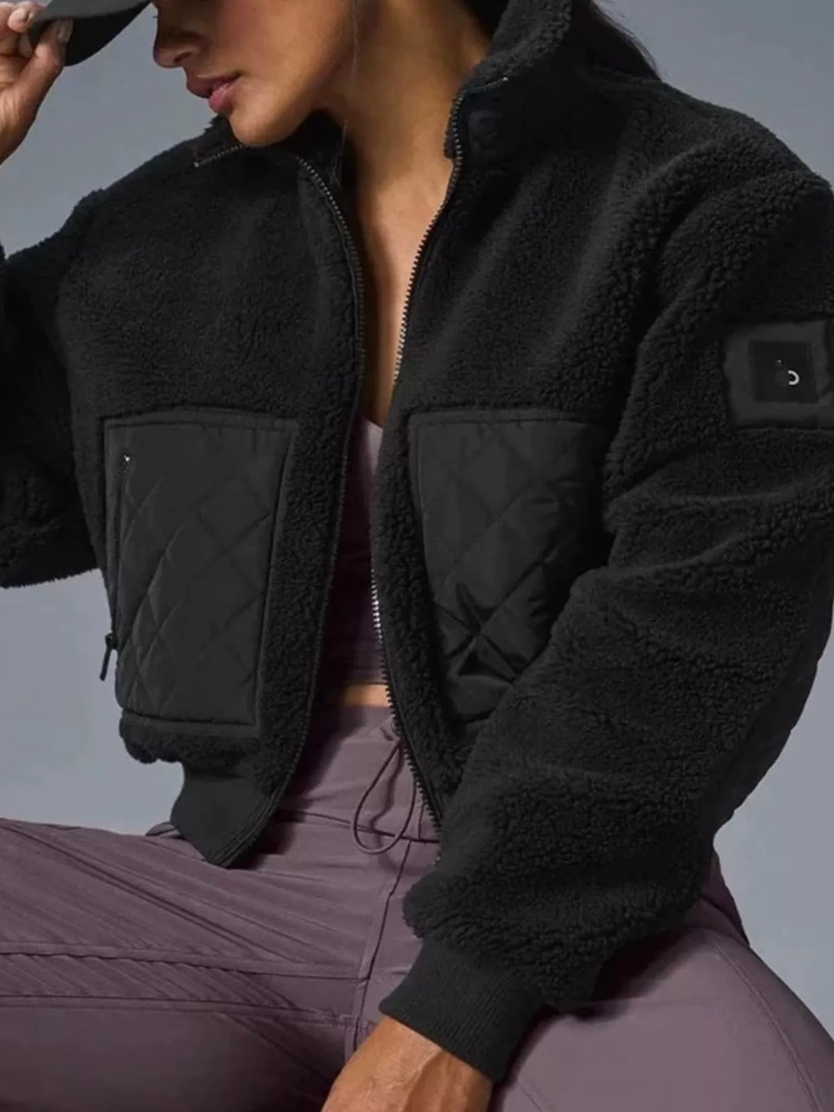 Black sherpa quilted zip up jacket