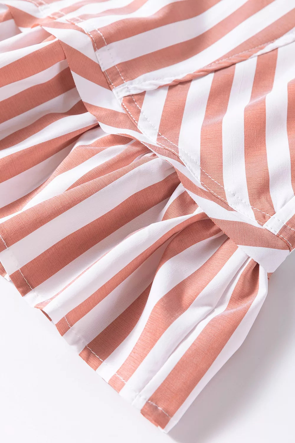 Women's pale blush striped button-front bracelet sleeve ruffle hem shirt