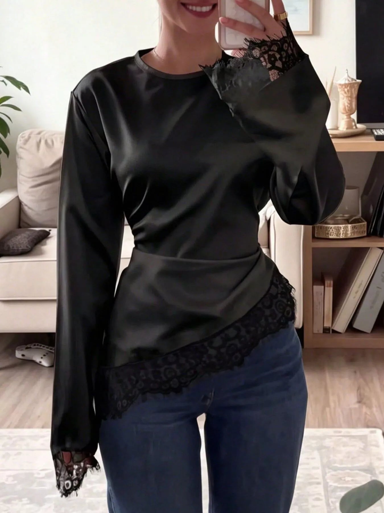 Trendsi Satin Lace Trim Flare Sleeve Blouse -