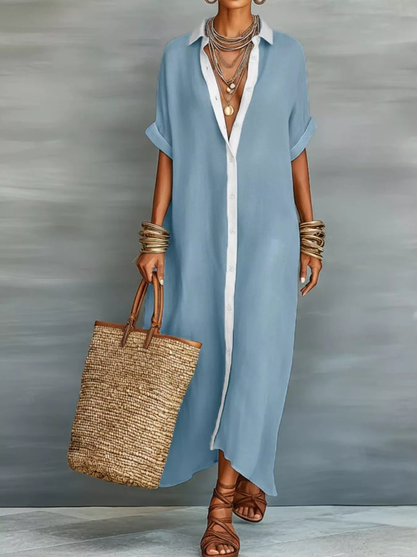 Trendsi Full Size Short Sleeve Maxi Shirt Dress with Contrast Placket Plus Size -