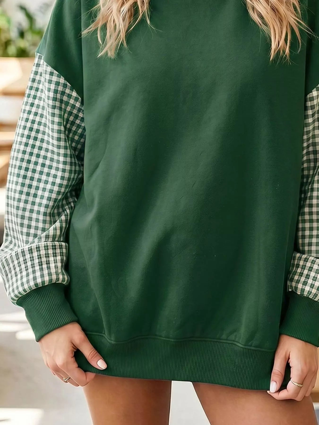 Trendsi Gingham Sleeve Mock Neck Sweatshirt -