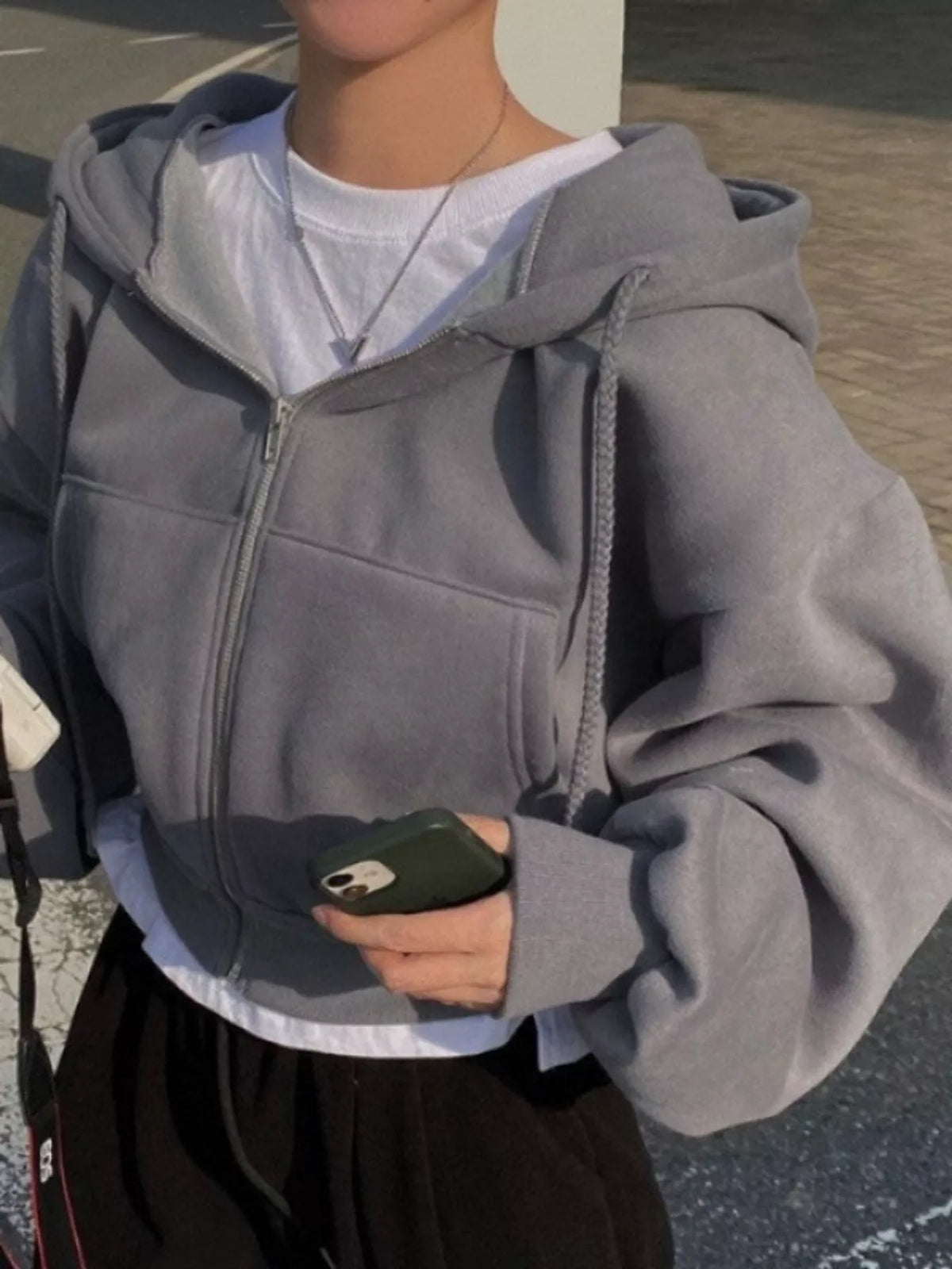 Dark Gray oversized zip-up cropped hoodie