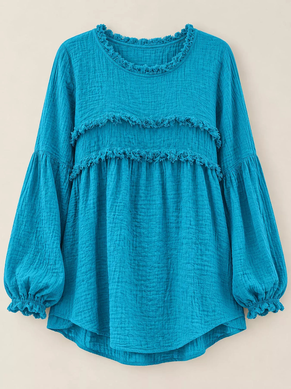 Teal textured frayed-trim peplum blouse, product view