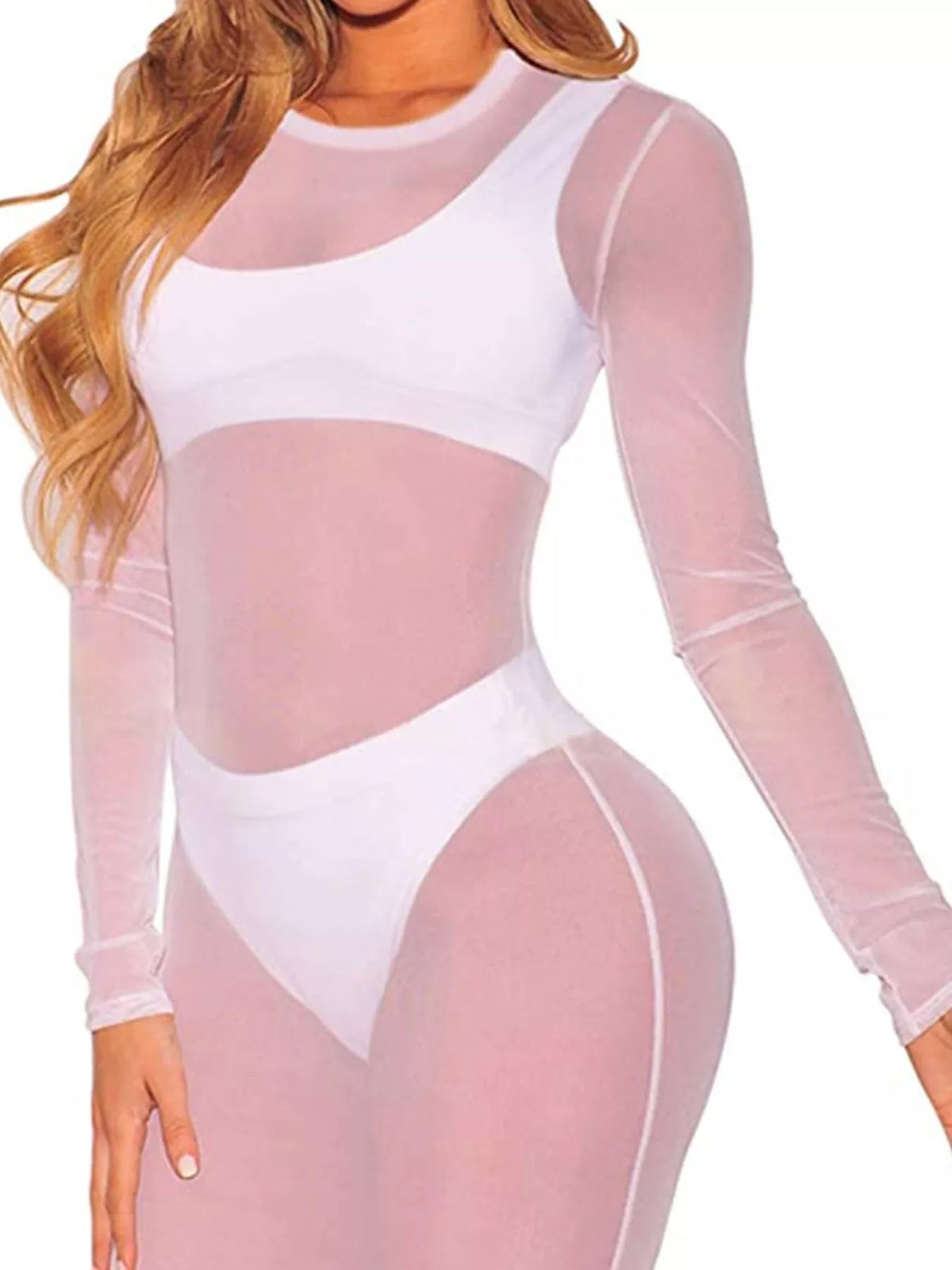 Round neck long sleeve mini top, front view on model