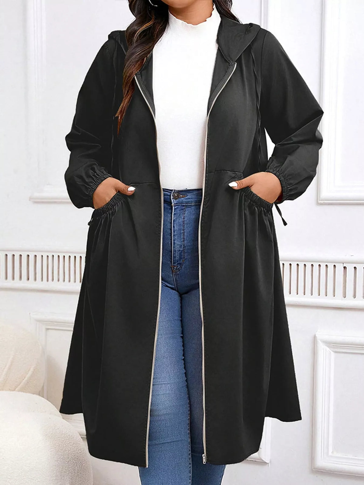 Hooded longline jacket, black pockets