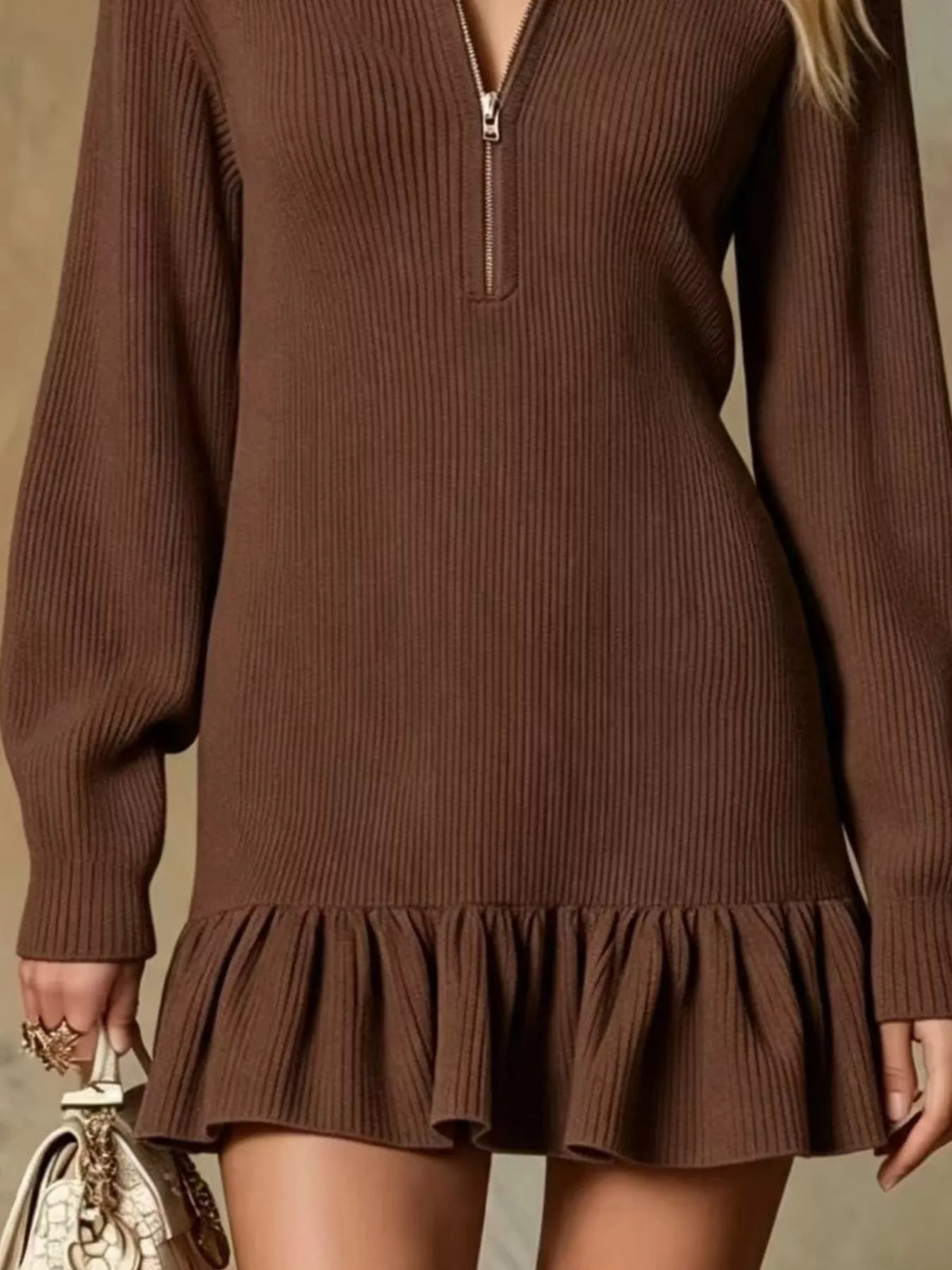 Brown half-zip ruffle-hem dress, ruffle hem detail