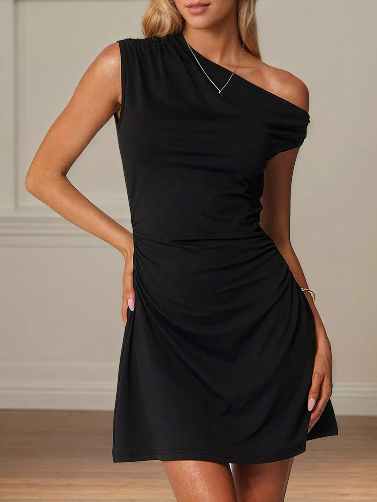 Black One-Shoulder Ruched Bodycon Mini Dress front view