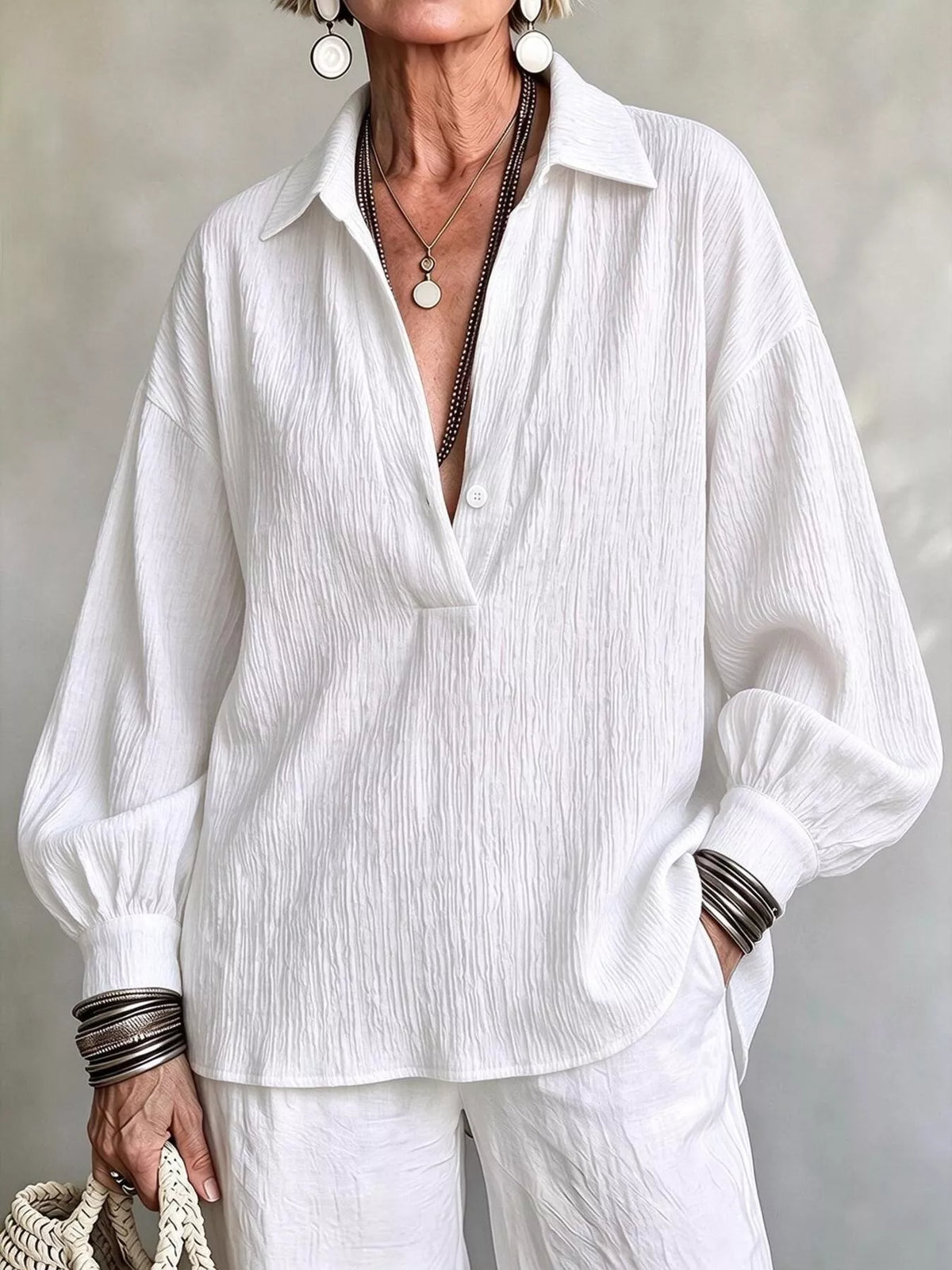 Women's Textured Lantern Sleeves Blouse in white — front view